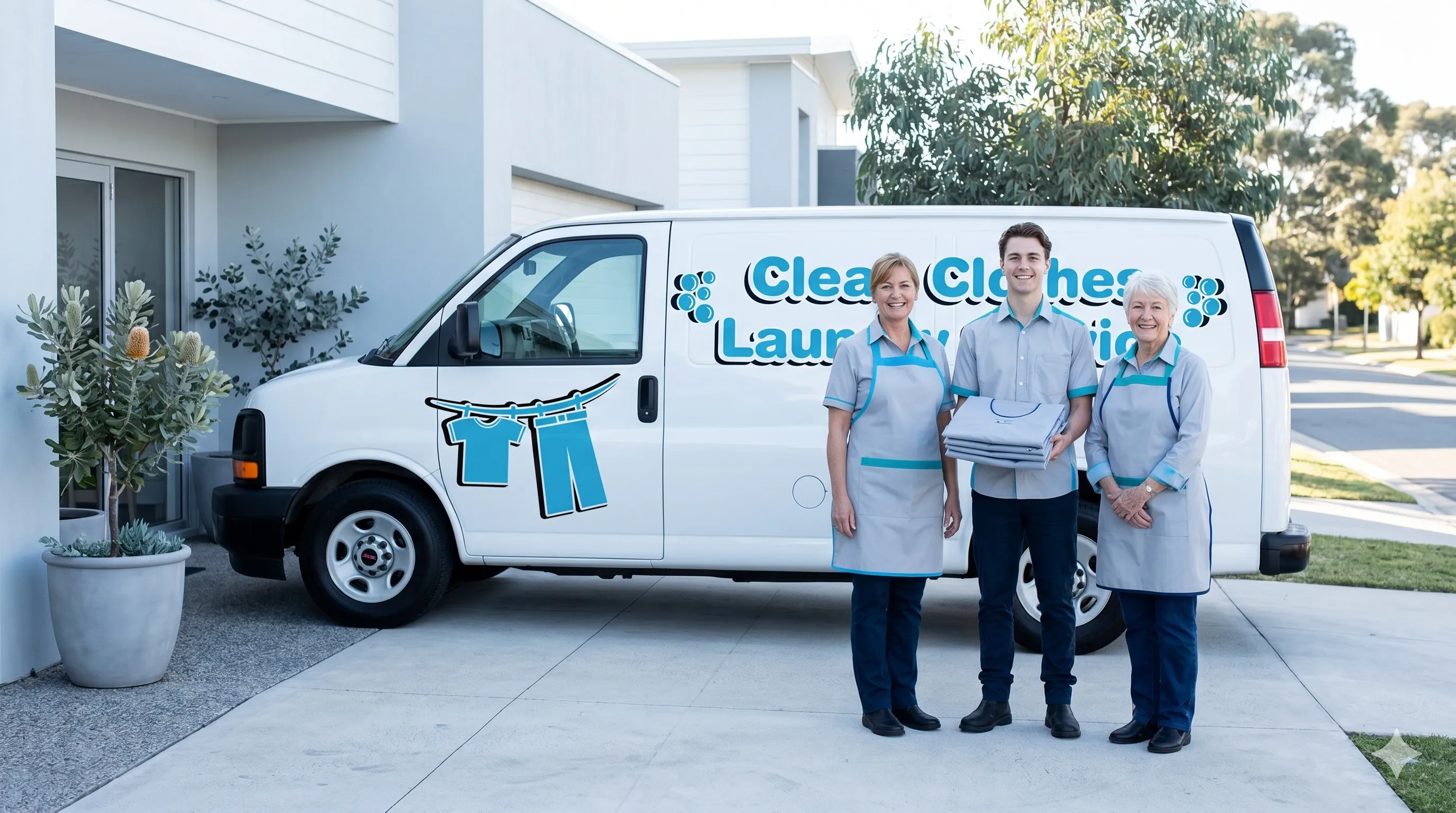 The friendly Ipswich Laundry Service team standing beside their delivery van with a stack of freshly folded laundry