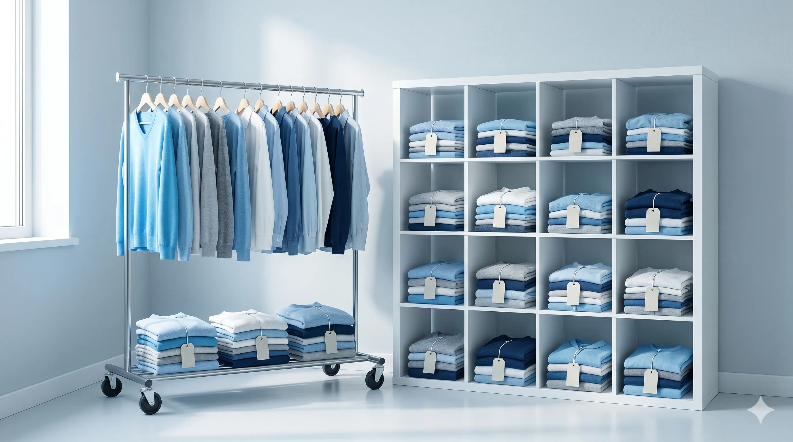 Individually sorted bundles of freshly folded clothing on shelving
