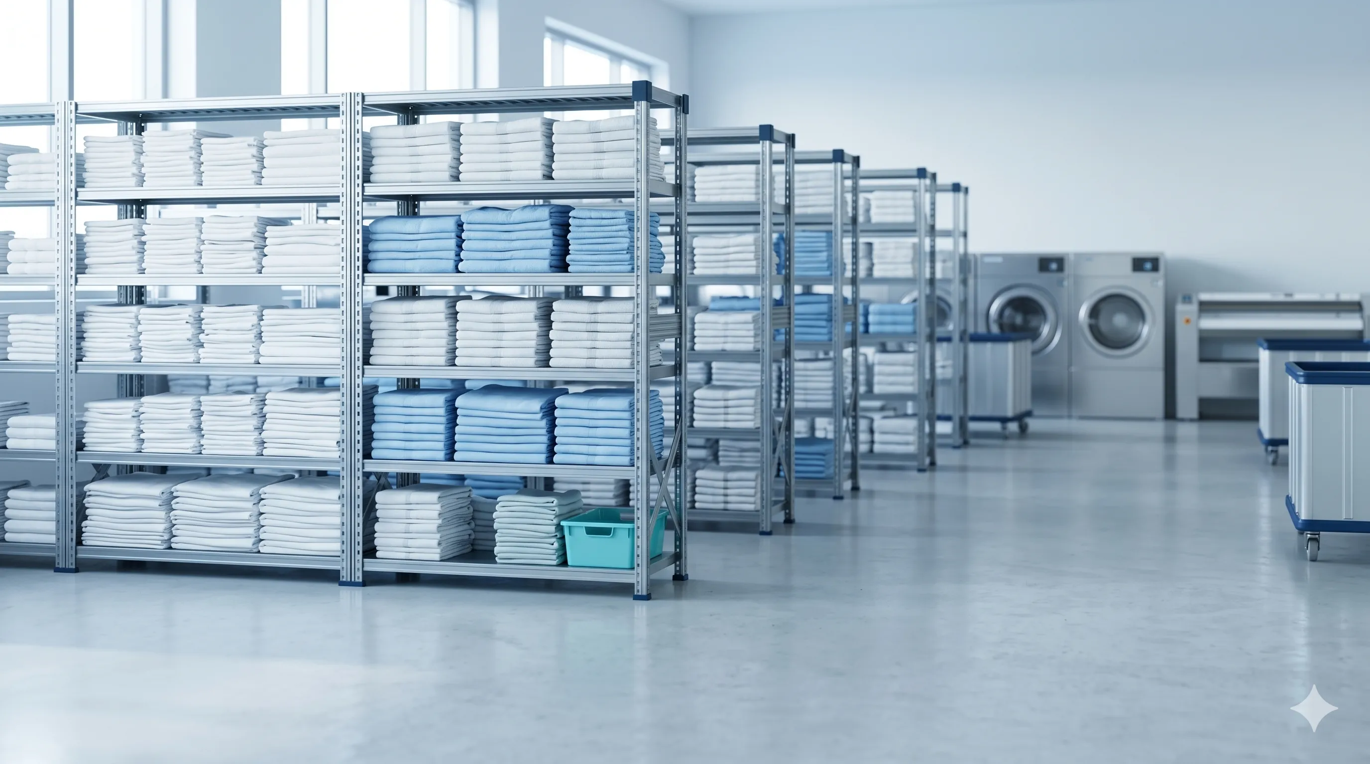 A commercial laundry facility with shelving stacked with folded linen