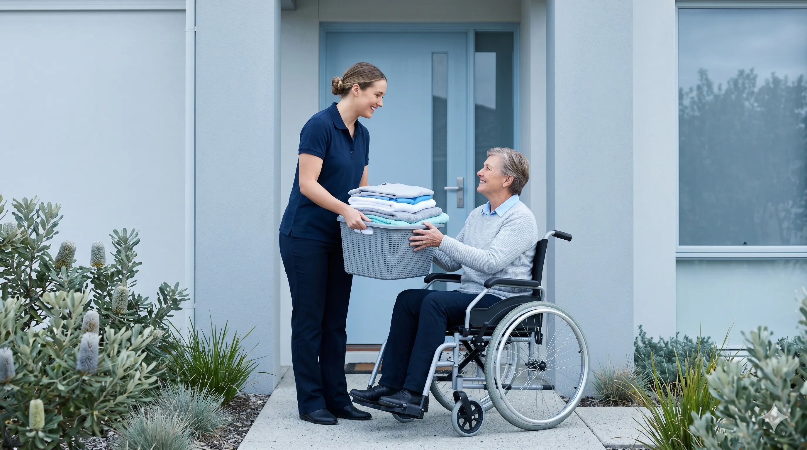A support worker handing folded laundry to a person in a wheelchair
