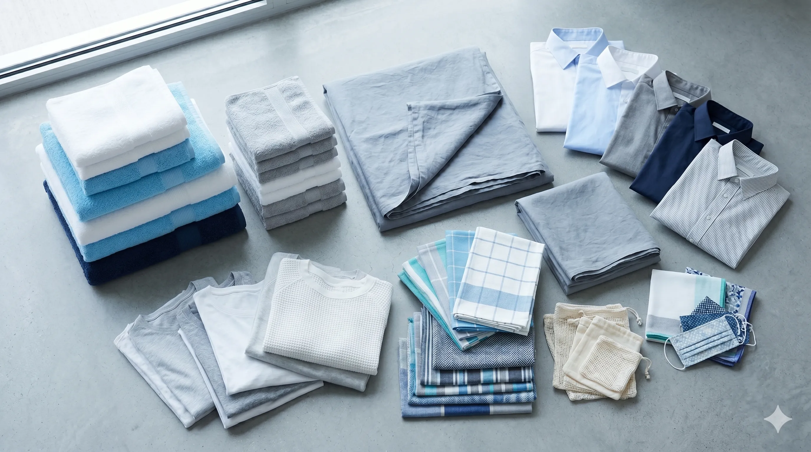 A neatly arranged flat-lay of freshly laundered towels, linen, shirts and tea-towels