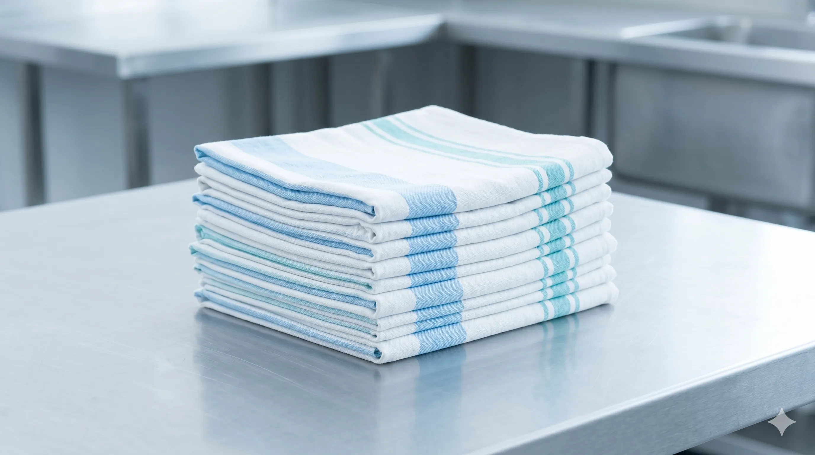 A stack of freshly laundered striped tea-towels on a kitchen bench